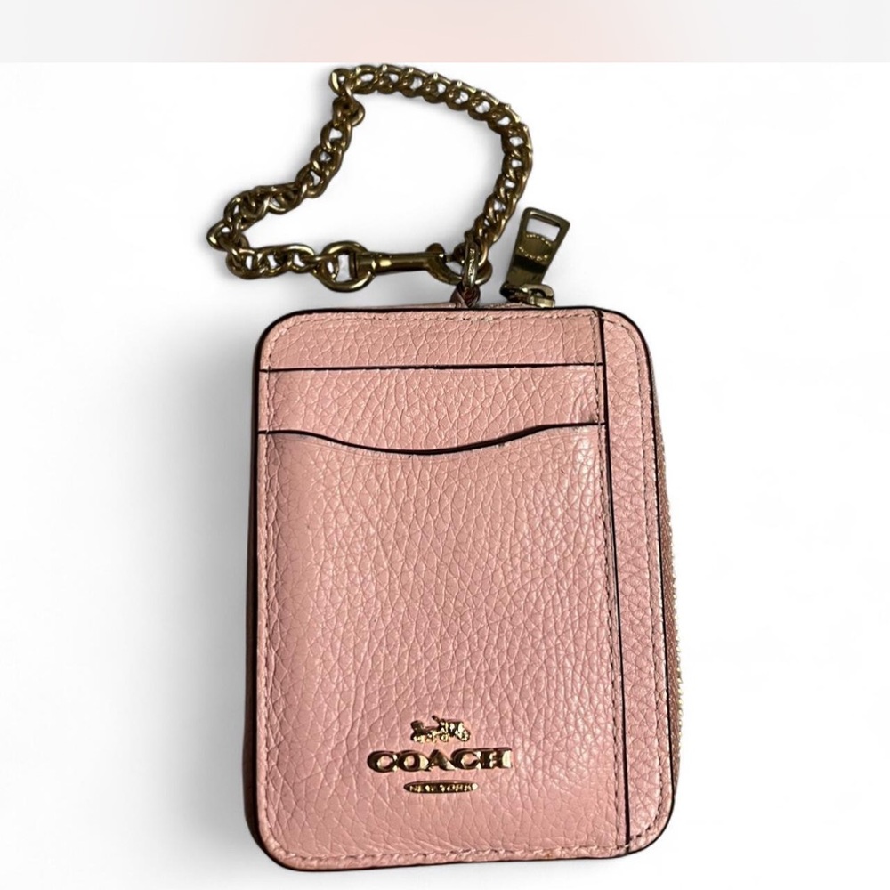 Coach Pink Pebbled Leather Card Case with Gold Chain